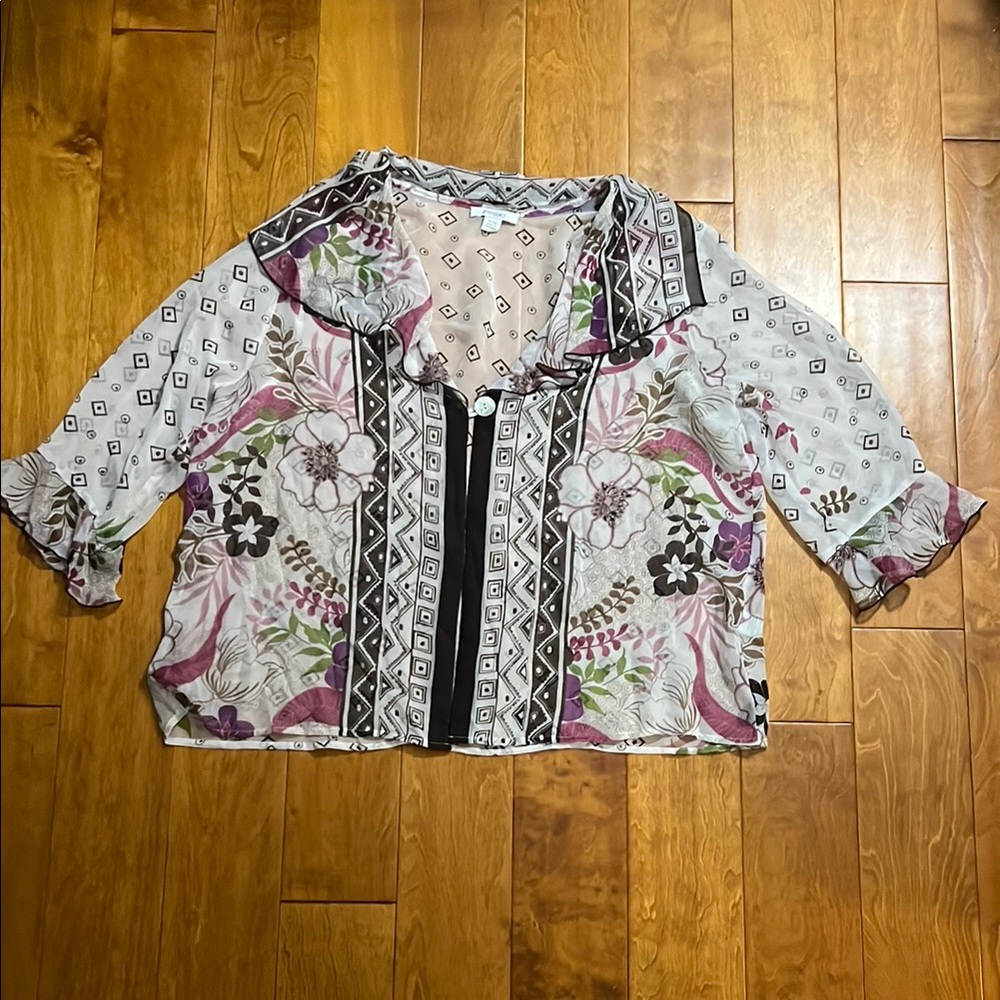 Dressbarn Pink & Green Floral 3/4 Sleeve Sailor Collar Sheer Cardigan Size 18/20